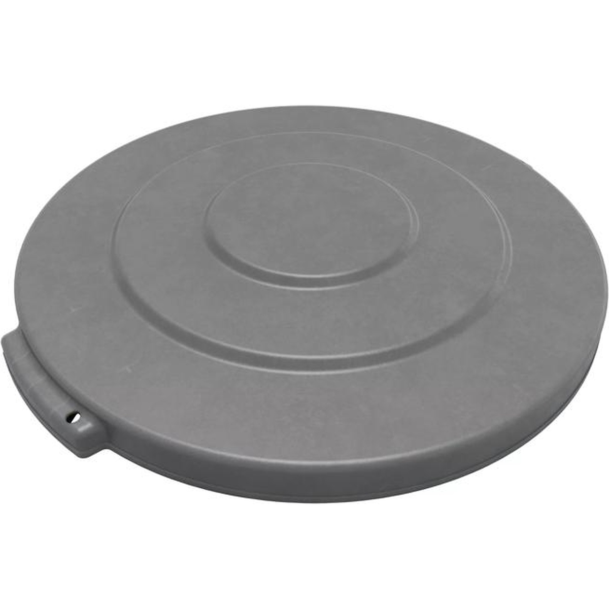 Gray Bronco 10-gallon round flat trash can lid - angled top view showing snap tab