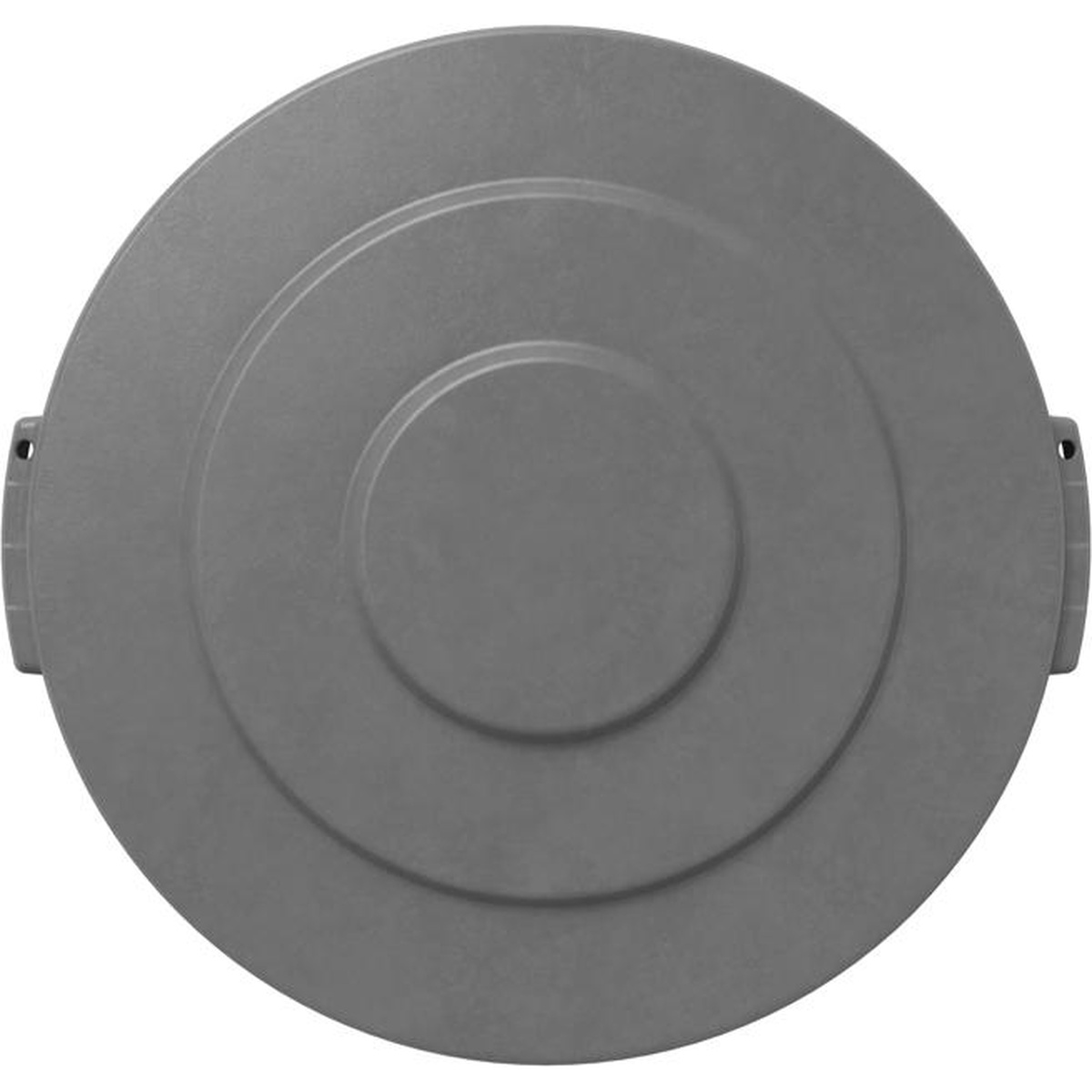 Gray Bronco 10-gallon round flat trash can lid - top-down view showing concentric ring surface detail and dual snap tabs