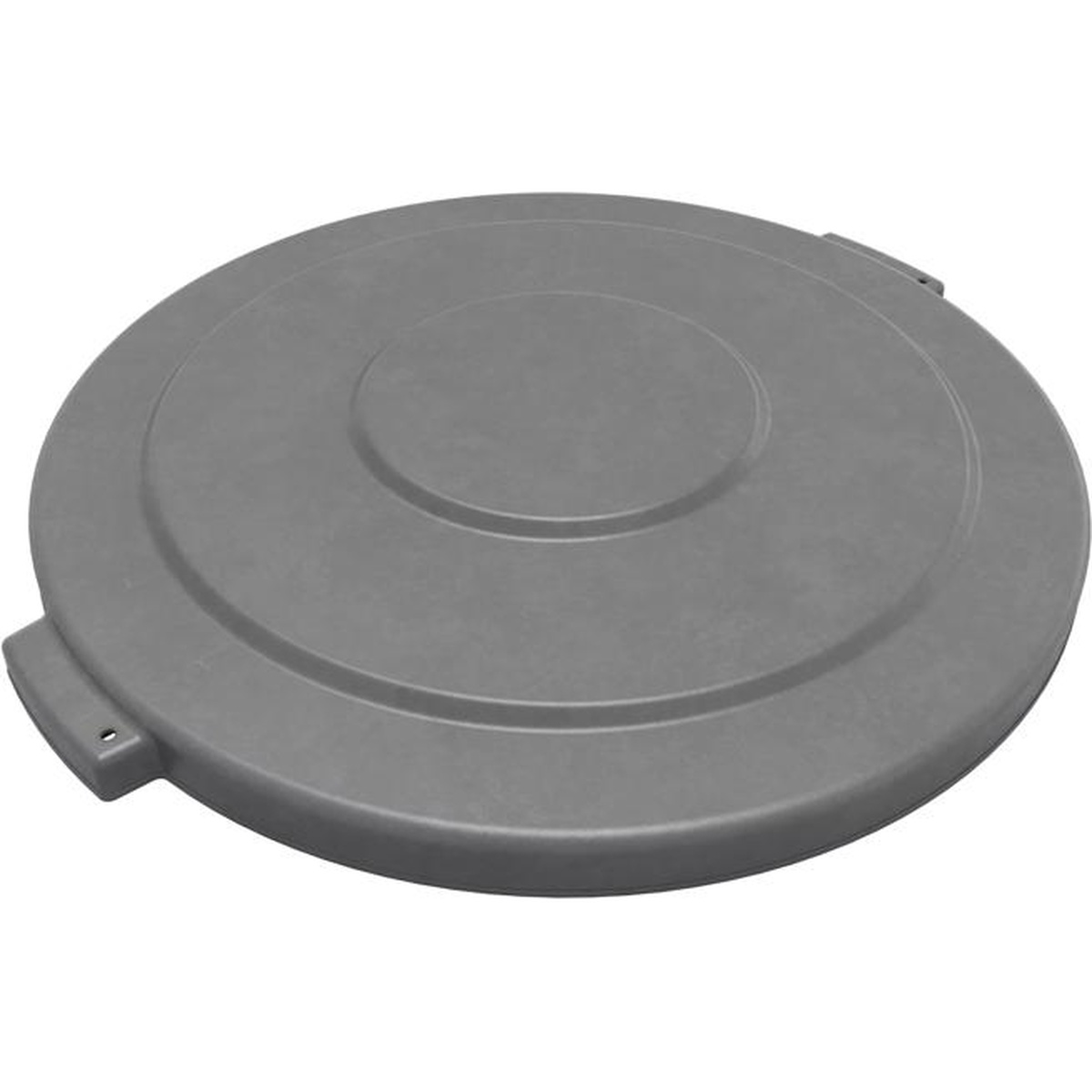 Gray Bronco round trash container lid shown at an angle displaying the raised concentric rings and locking tabs