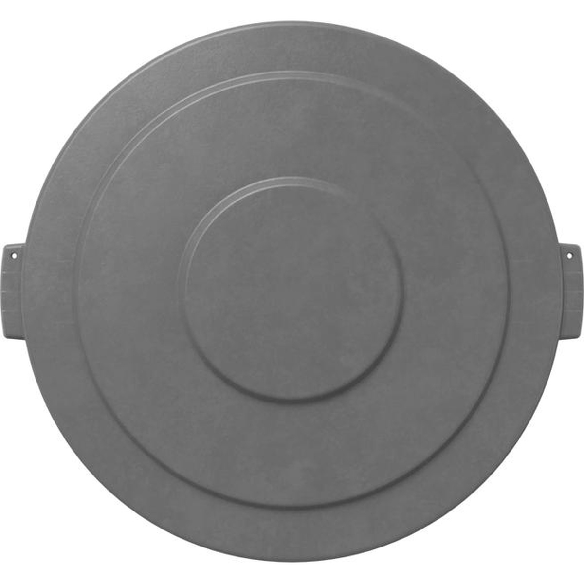 Top-down view of gray Bronco round trash can lid showing concentric rings and smooth surface