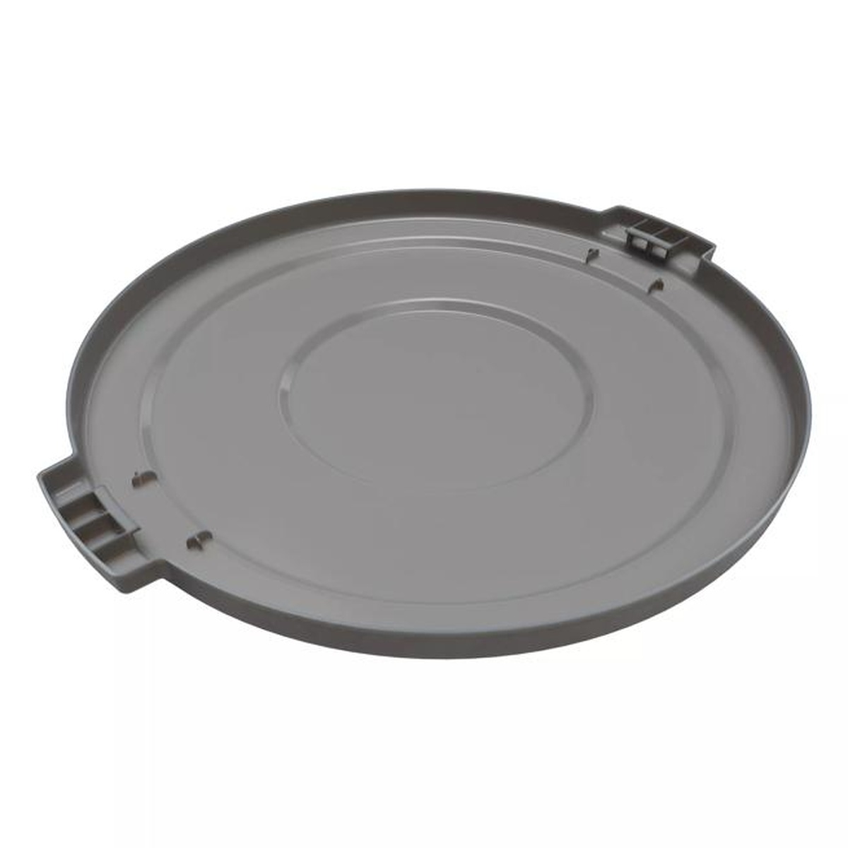 Bronco gray 32-gallon round waste container lid, angled side view showing underside locking mechanism and tab clips