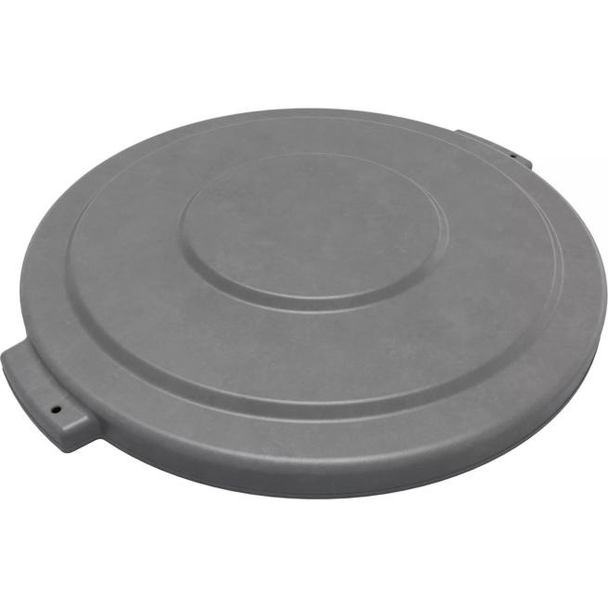 Bronco gray 32-gallon round waste container lid, angled perspective view showing locking tab detail