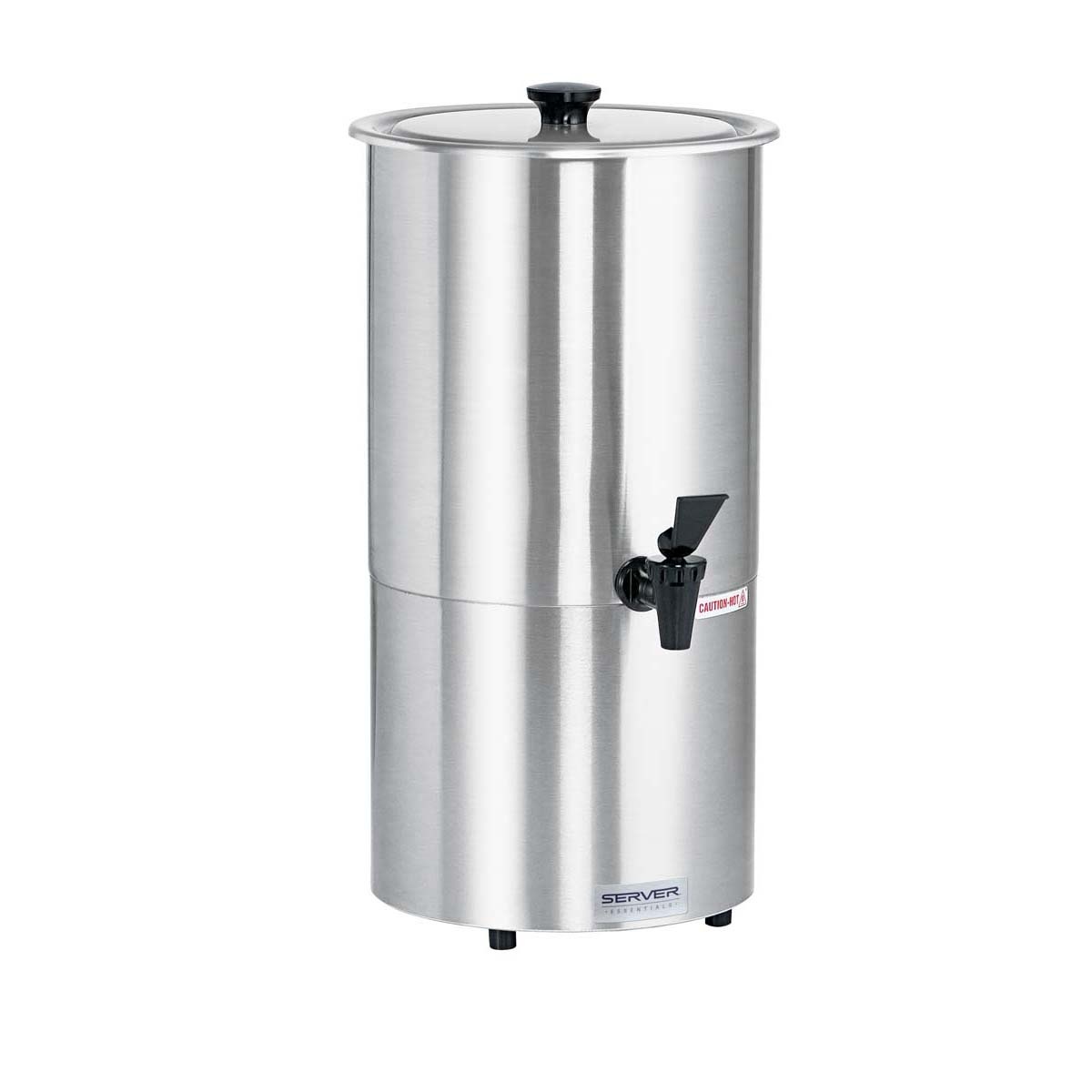 Server Products 84190 stainless steel 3-gallon syrup warmer with black spigot faucet and lift-off lid on white background