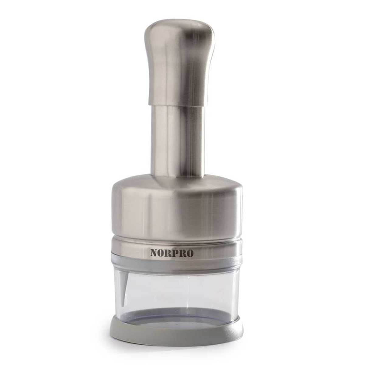 Norpro stainless steel food chopper with clear collection cup and press handle
