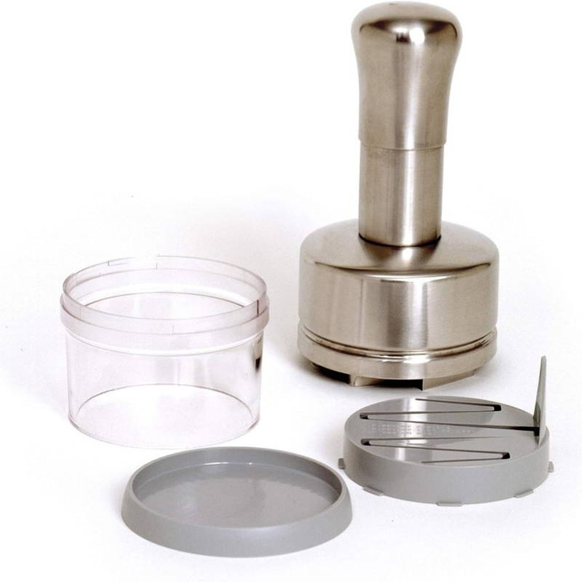 Disassembled Norpro chopper showing stainless top, blade insert, clear cup, and storage lid
