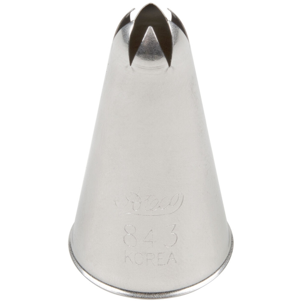 Ateco 843 closed star stainless steel piping tip showing the closed star opening and engraved model number