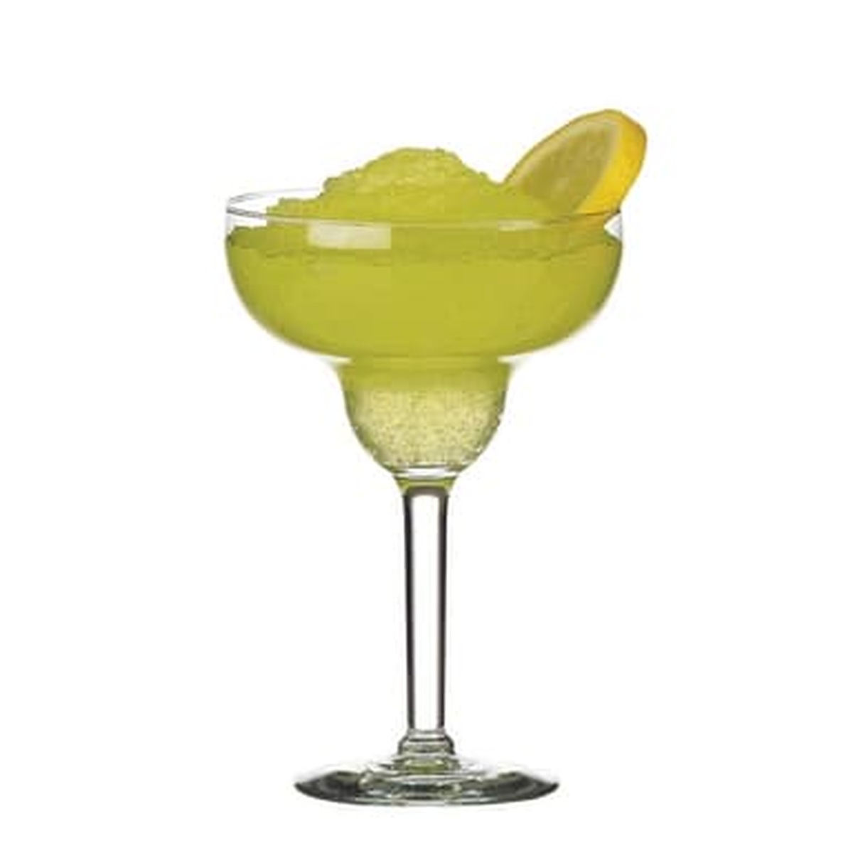 Libbey 8430 margarita glass filled with frozen green margarita and lemon slice garnish