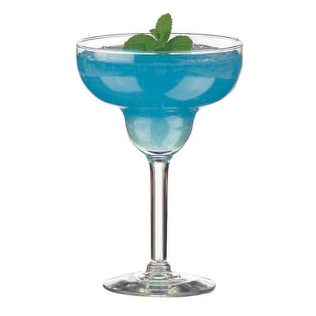 Libbey 8430 margarita glass filled with blue cocktail and mint garnish