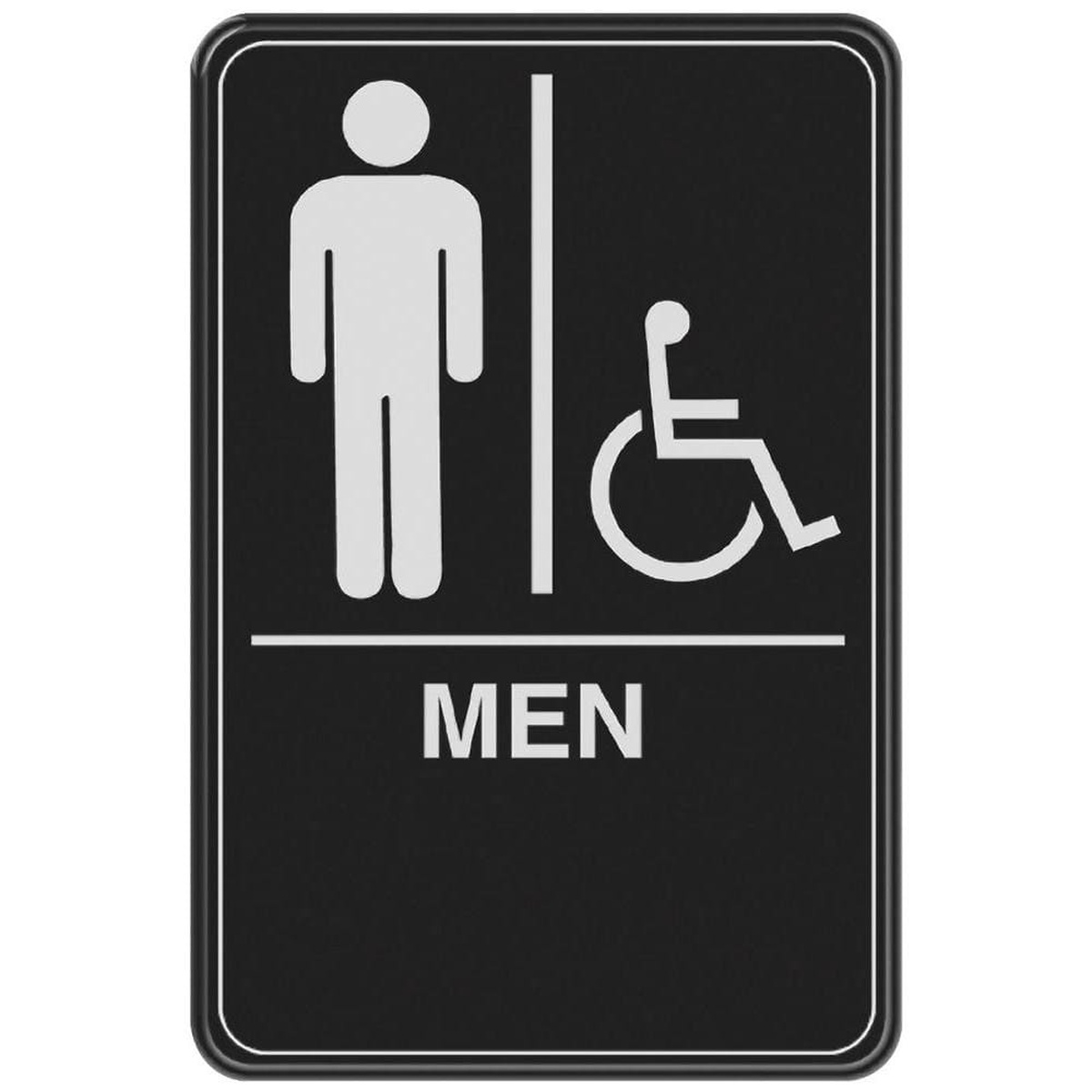 Hillman 6x9 black ADA men's restroom sign with raised white male figure, wheelchair accessible symbol, MEN text, and Braille