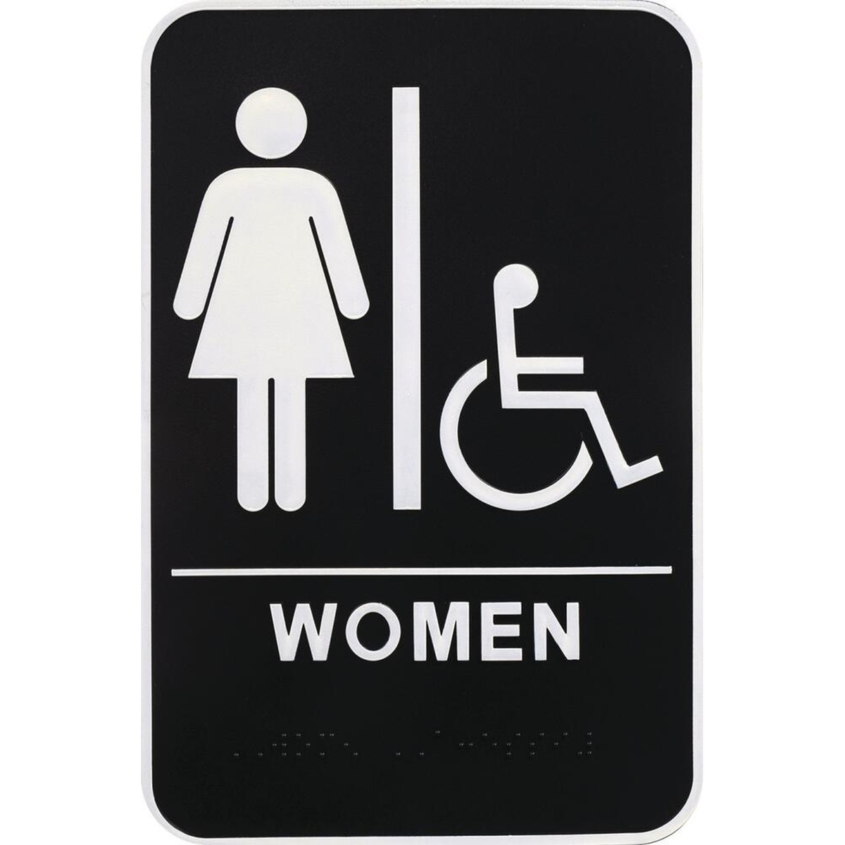 Hillman ADA Women Handicap Accessible Restroom Sign showing white female figure, wheelchair symbol, WOMEN text, and Braille on black plastic