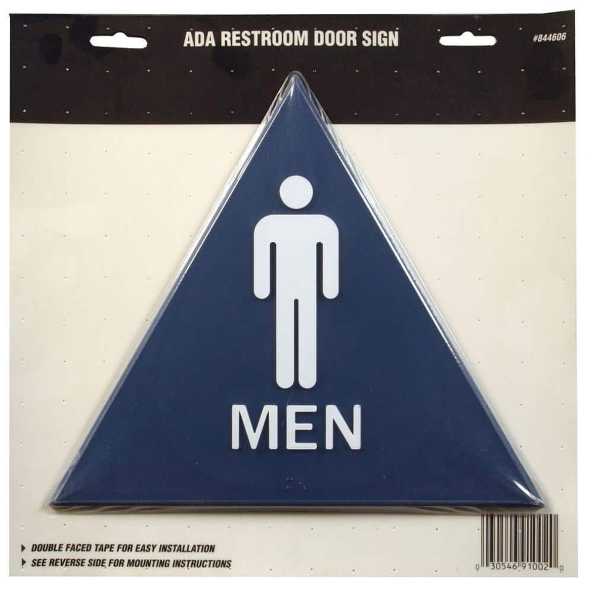 Hillman blue triangular plastic ADA men restroom door sign with white male pictogram and MEN text