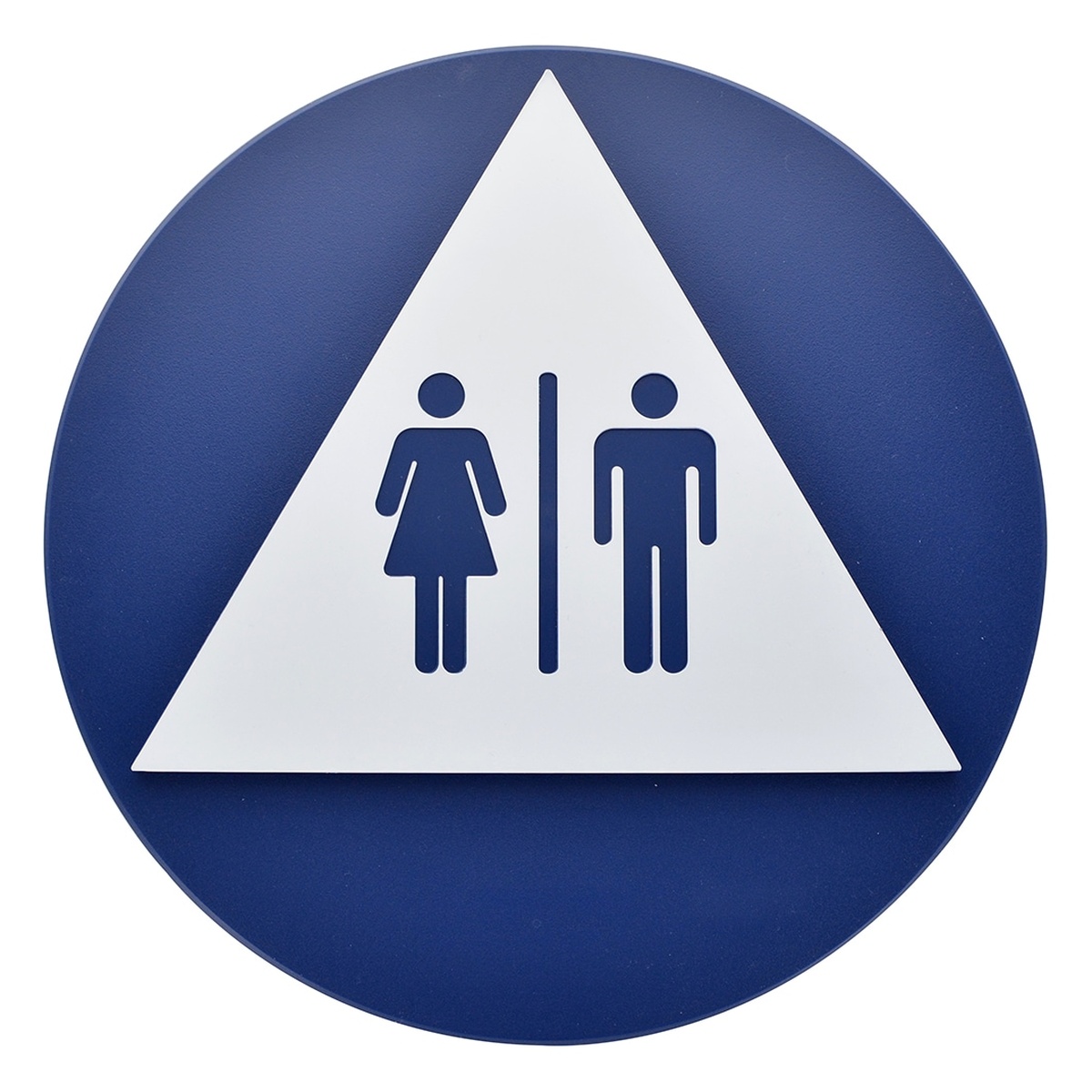 Hillman 12-inch blue unisex restroom sign featuring white triangle with male and female symbols on circular blue background
