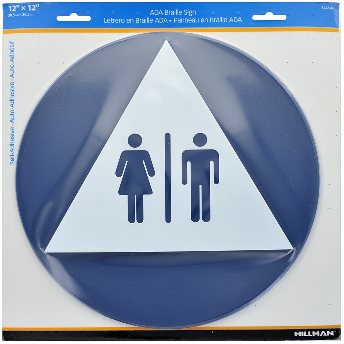 Hillman 844607 unisex restroom ADA-Braille sign shown in retail packaging with self-adhesive labeling