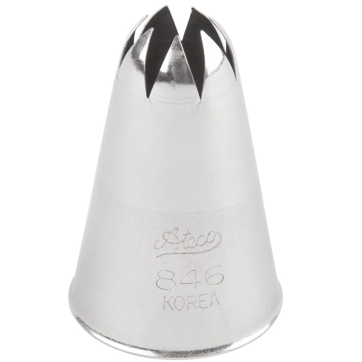 Ateco 846 closed star stainless steel piping tip showing deeply-cut star opening