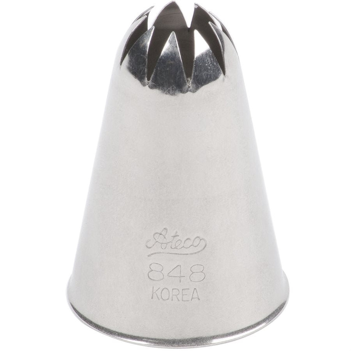 Ateco 848 closed star stainless steel piping tip showing deeply-grooved star opening