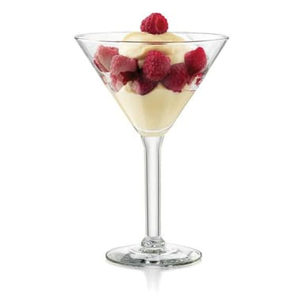 Libbey 8480 Salud Grande martini glass filled with cream dessert and fresh raspberries