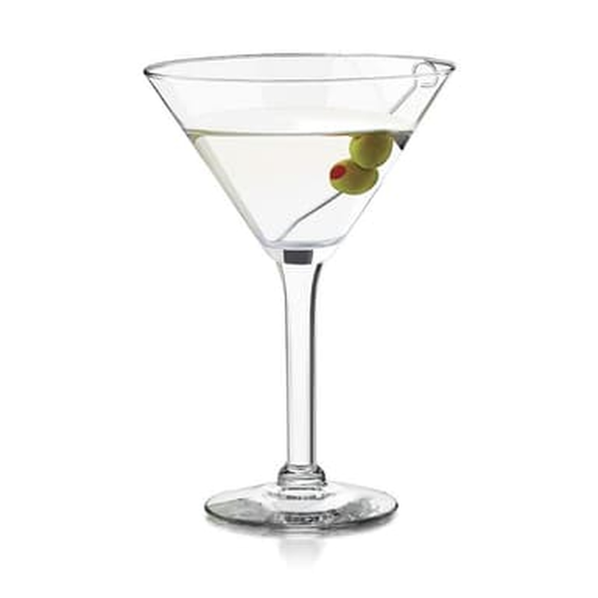 Libbey Salud Grande martini glass holding a classic martini with olive garnish