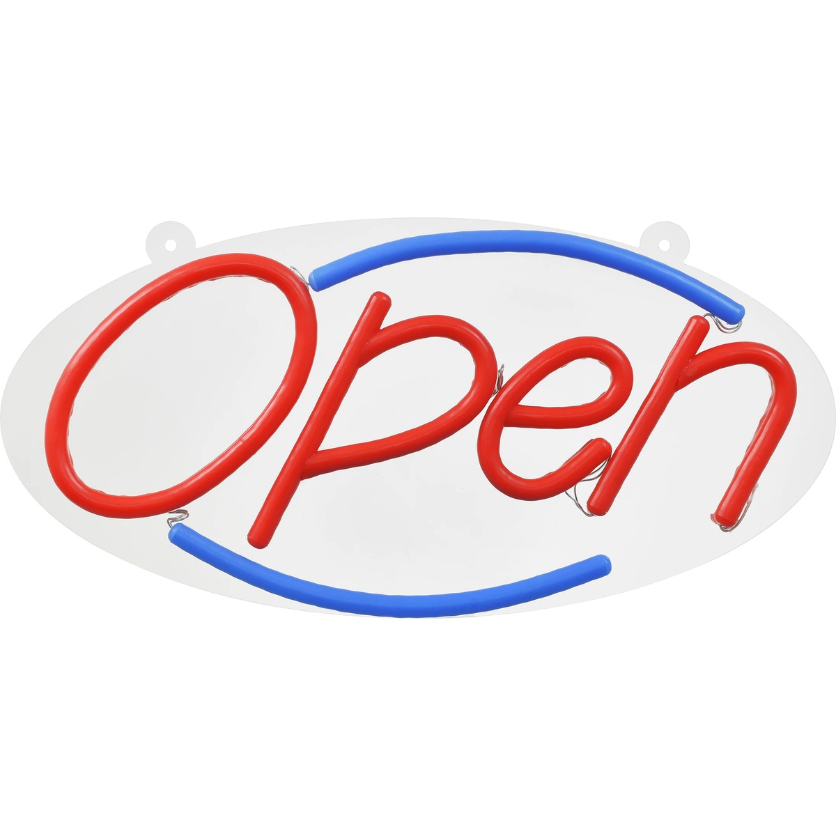 Hillman LED Open Sign with red script lettering and blue LED oval border on white plastic backing