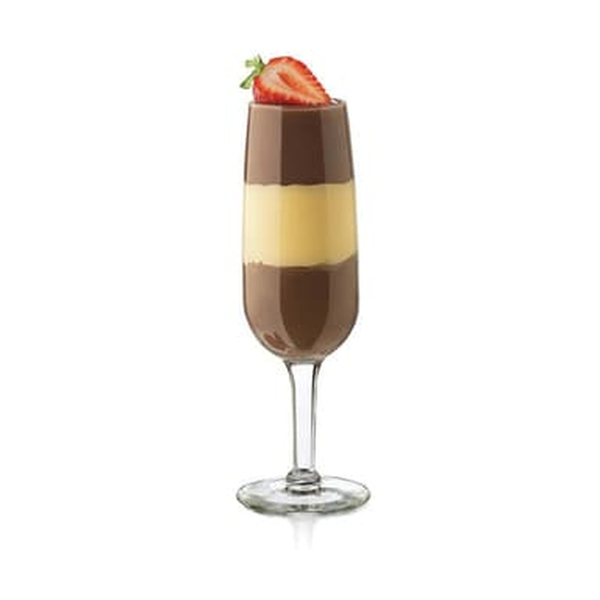 Libbey Citation flute glass used as a layered chocolate and vanilla dessert cup garnished with a strawberry