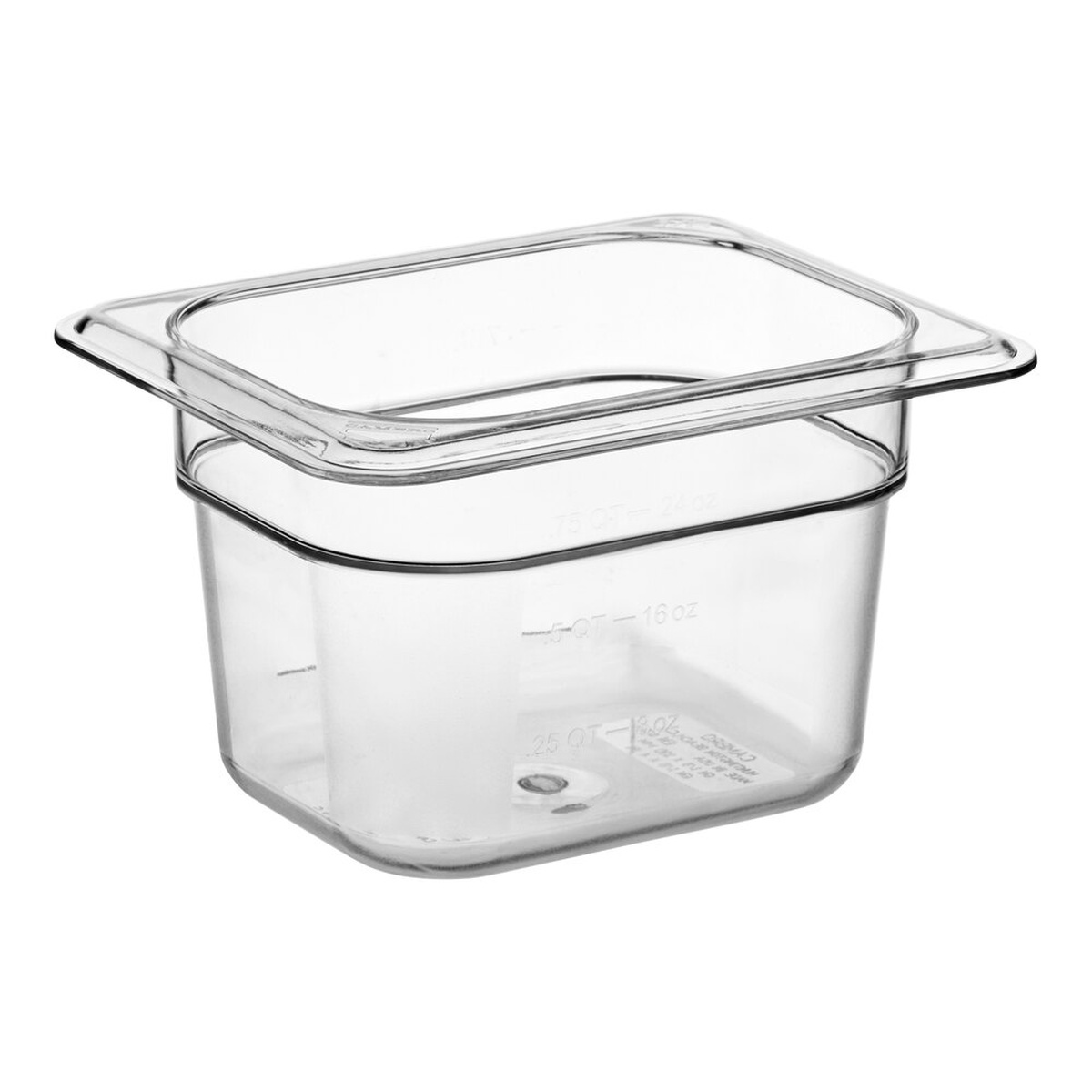 Cambro 84CW135 Camwear 1/8 size clear polycarbonate food pan 4 inches deep showing molded-in graduation markings