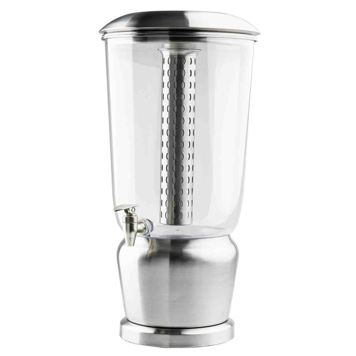 TableCraft 85 single 5-gallon beverage dispenser with stainless steel base, brushed lid, and perforated ice core infuser tube inside clear Tritan reservoir