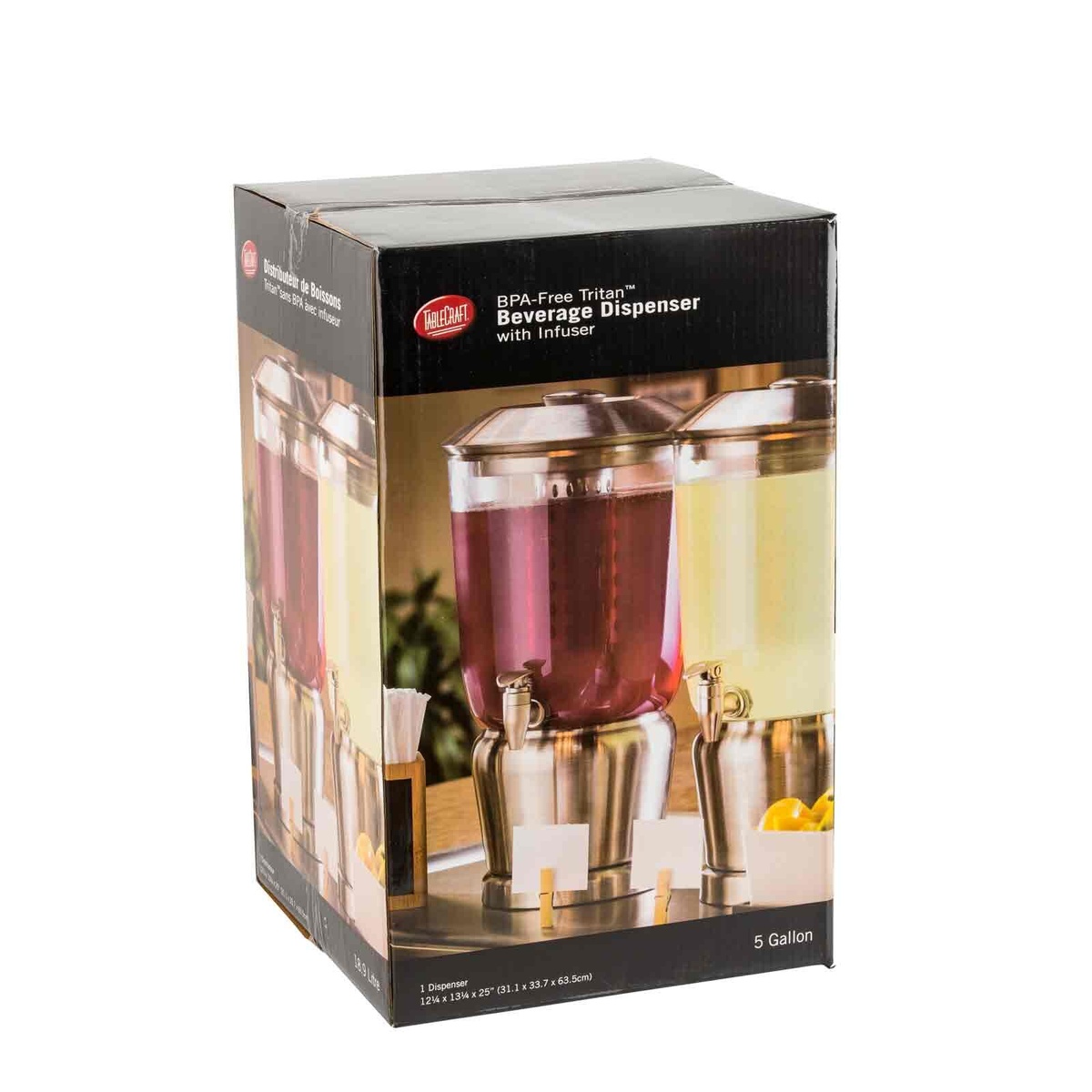 TableCraft 85 beverage dispenser retail packaging box showing 5-gallon BPA-free Tritan dispenser with infuser