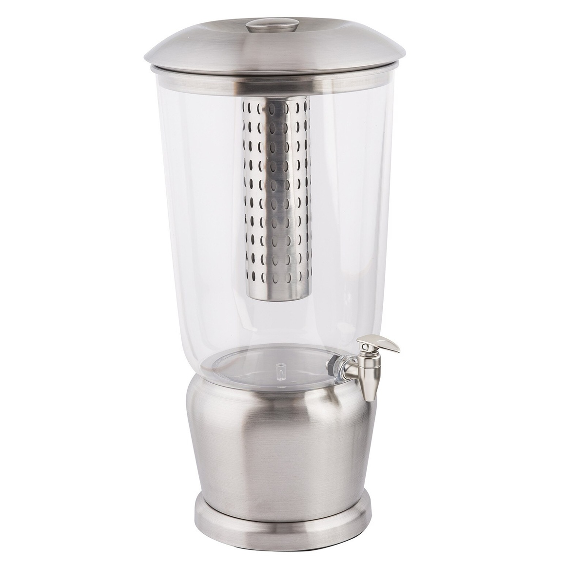 TableCraft 85 beverage dispenser front view showing clear reservoir, stainless steel infuser core, brushed base, and side-mounted faucet spigot