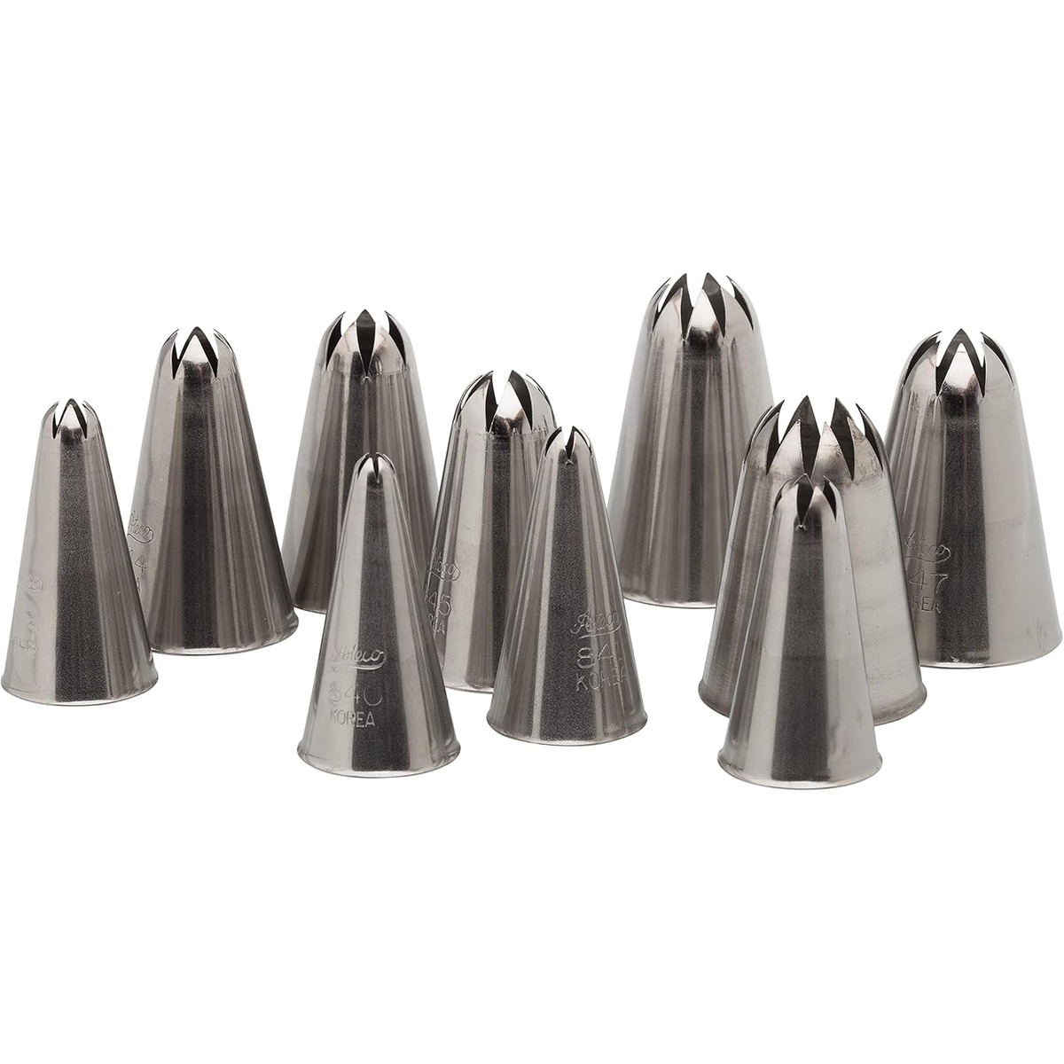 All 10 Ateco 850 closed star stainless steel pastry tips displayed together, showing size progression from smallest to largest
