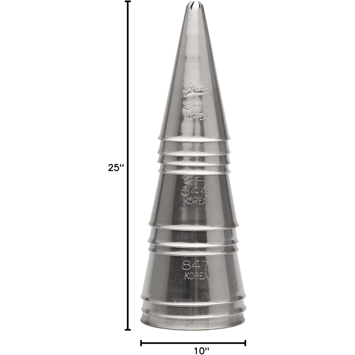 Ateco closed star pastry tips stacked to show full height, with dimension annotations indicating 25 inches tall and 10 inches wide when stacked