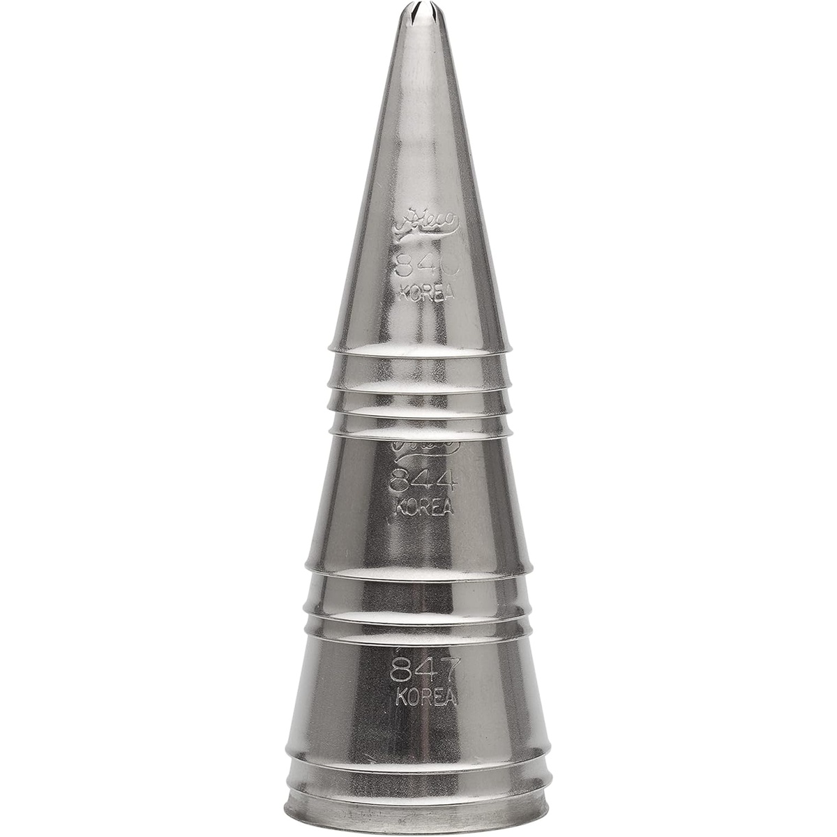 Three Ateco closed star pastry tips nested together showing size variation, with engraved tip numbers visible on stainless steel bodies
