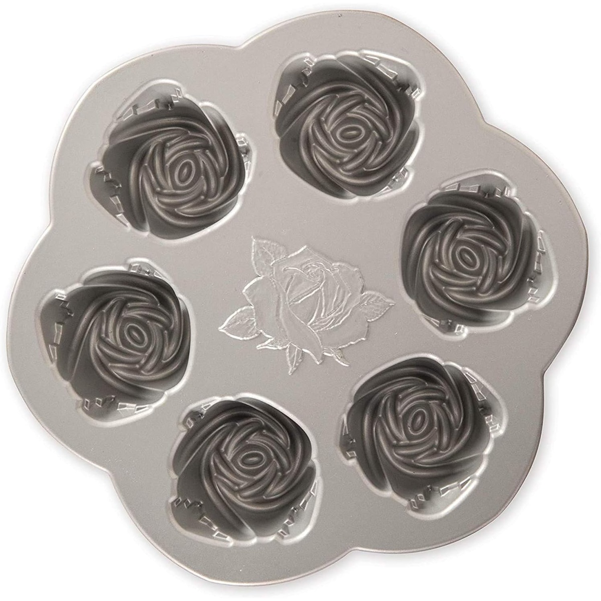 Nordic Ware Rose Bud Pan in silver finish showing the interior non-stick coating and six detailed rose-shaped baking cavities