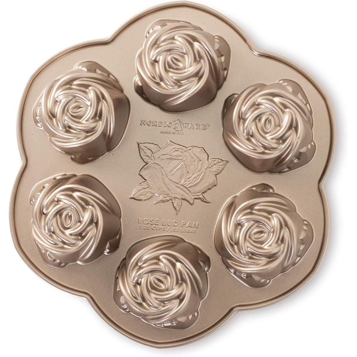 Nordic Ware Rose Bud Pan in champagne gold finish showing six rose-shaped cavities and embossed rose design at center