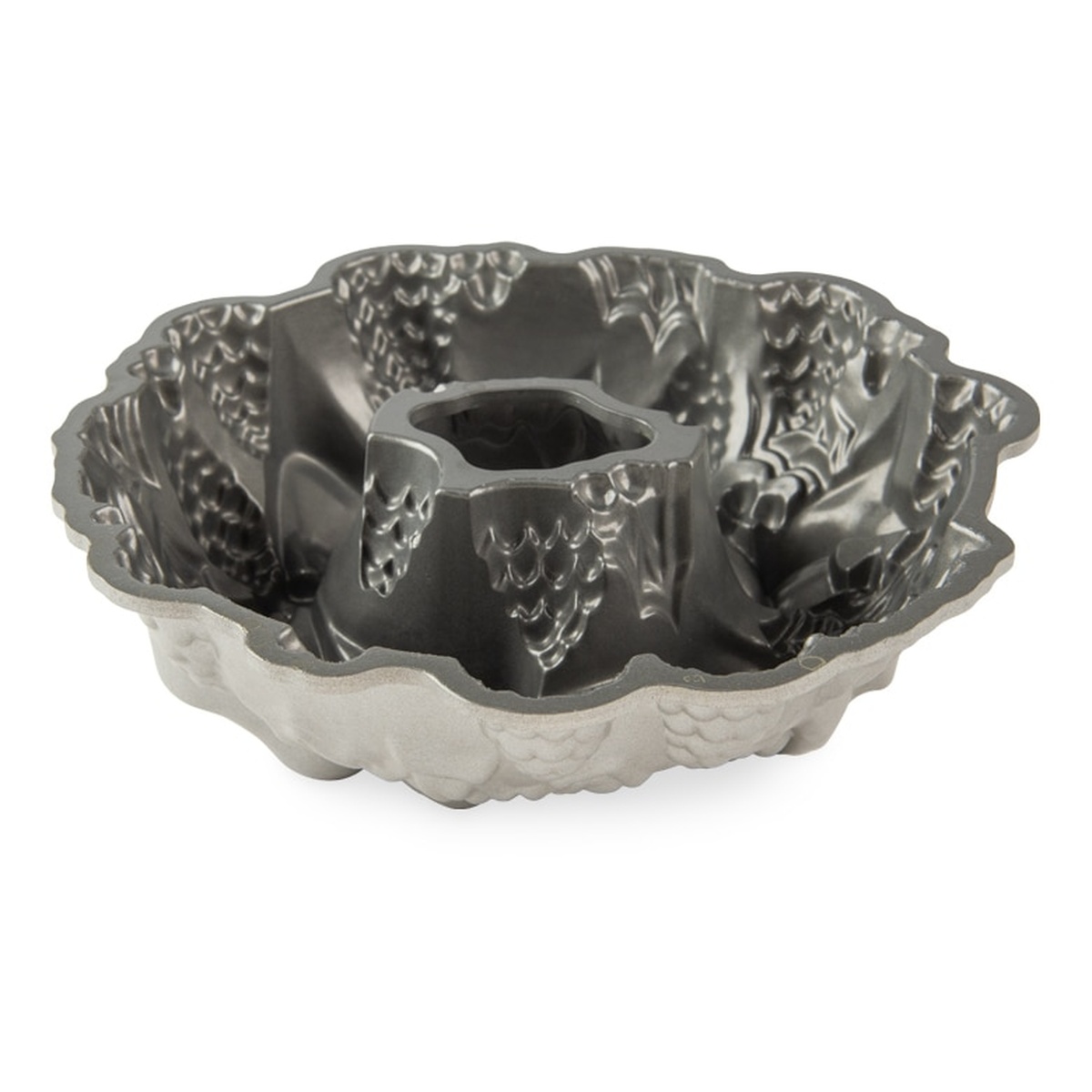 Nordic Ware Holiday Wreath Bundt Pan angled interior view showing dark non-stick coating and detailed mold cavity