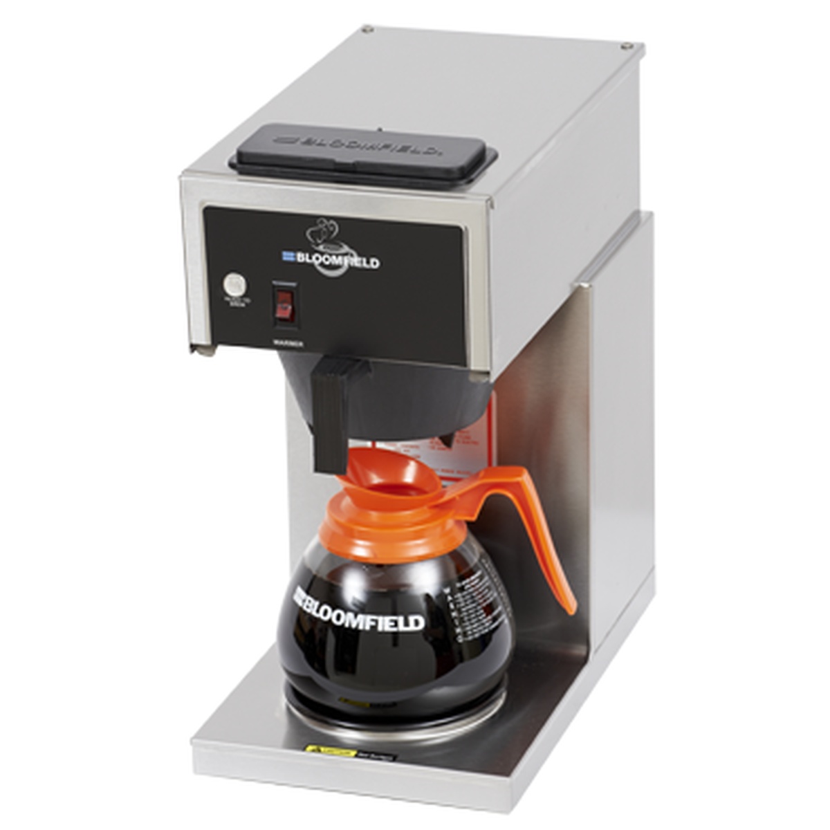 Bloomfield 8542-D1 single warmer pourover coffee brewer with orange-handled glass decanter on warmer plate