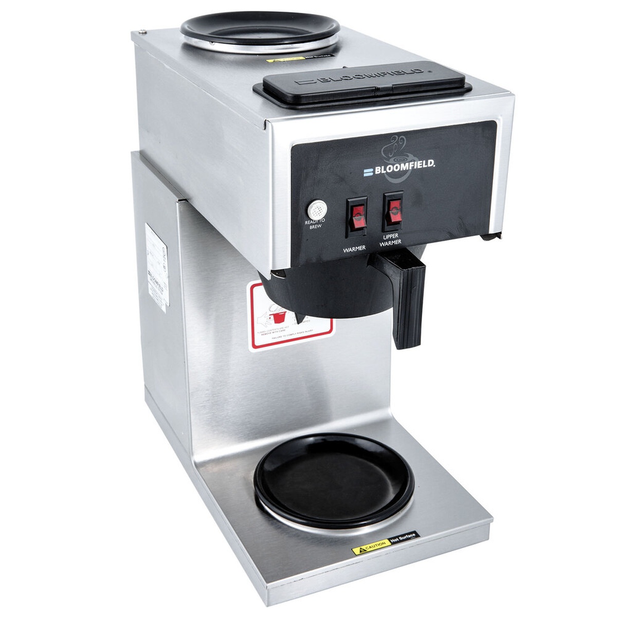 Bloomfield 8543-D2 Koffee King pourover coffee brewer with upper and lower warming plates, stainless steel construction