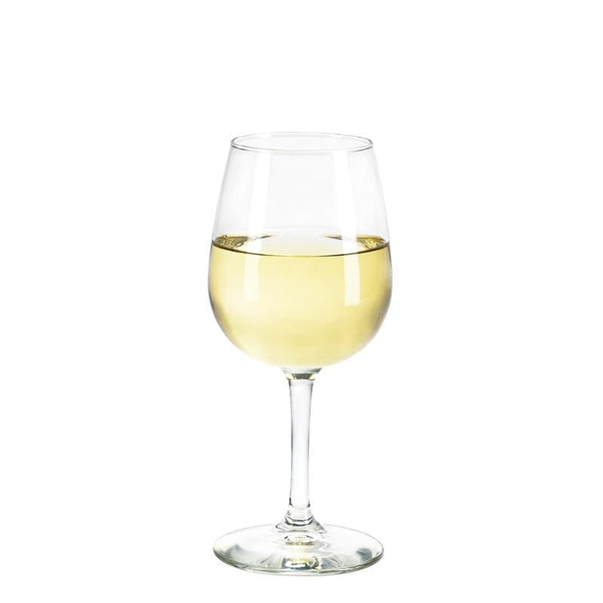 Libbey Vina 8552 wine taster glass filled with white wine on white background