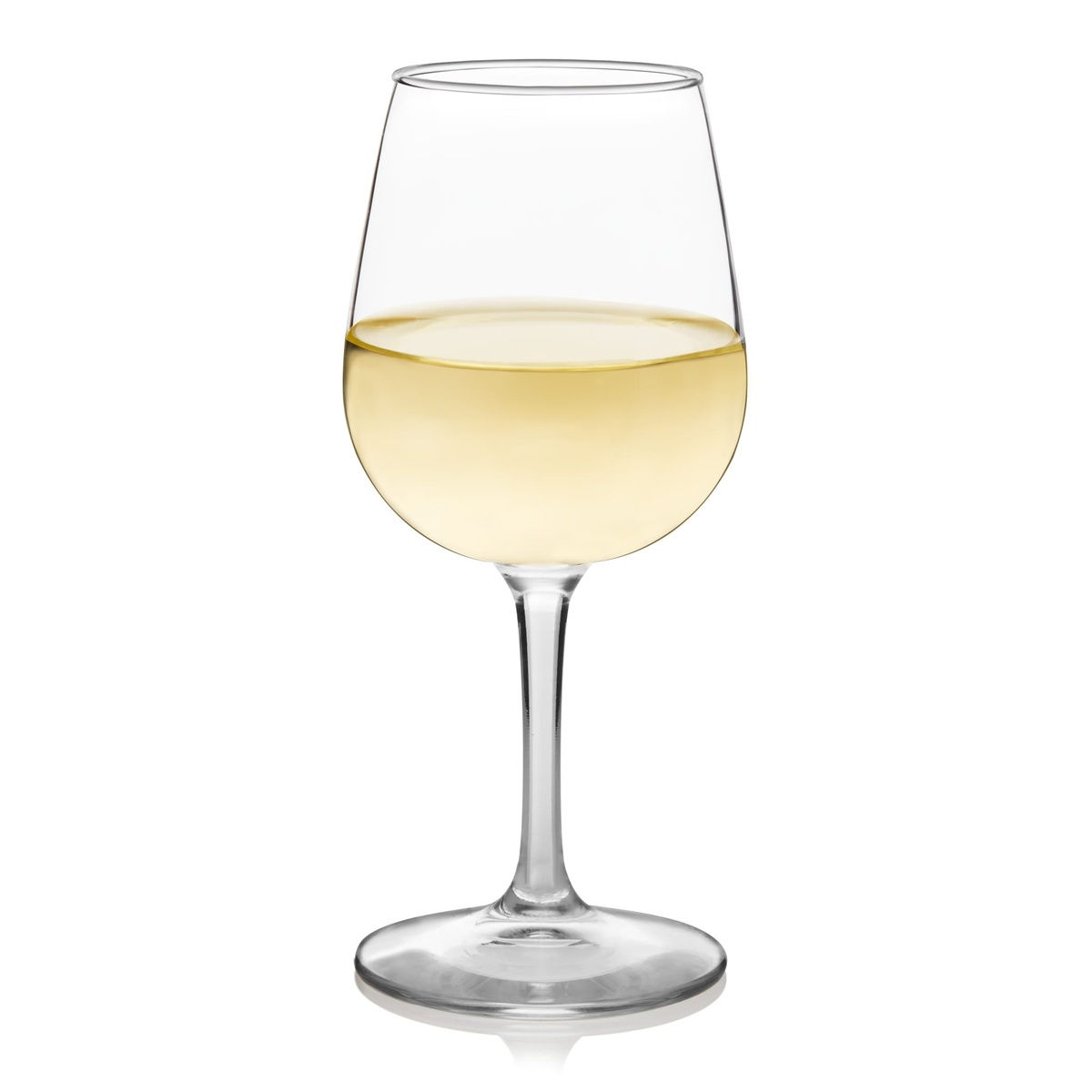 Libbey Vina 8552 wine taster glass filled with white wine, clear stem and base visible