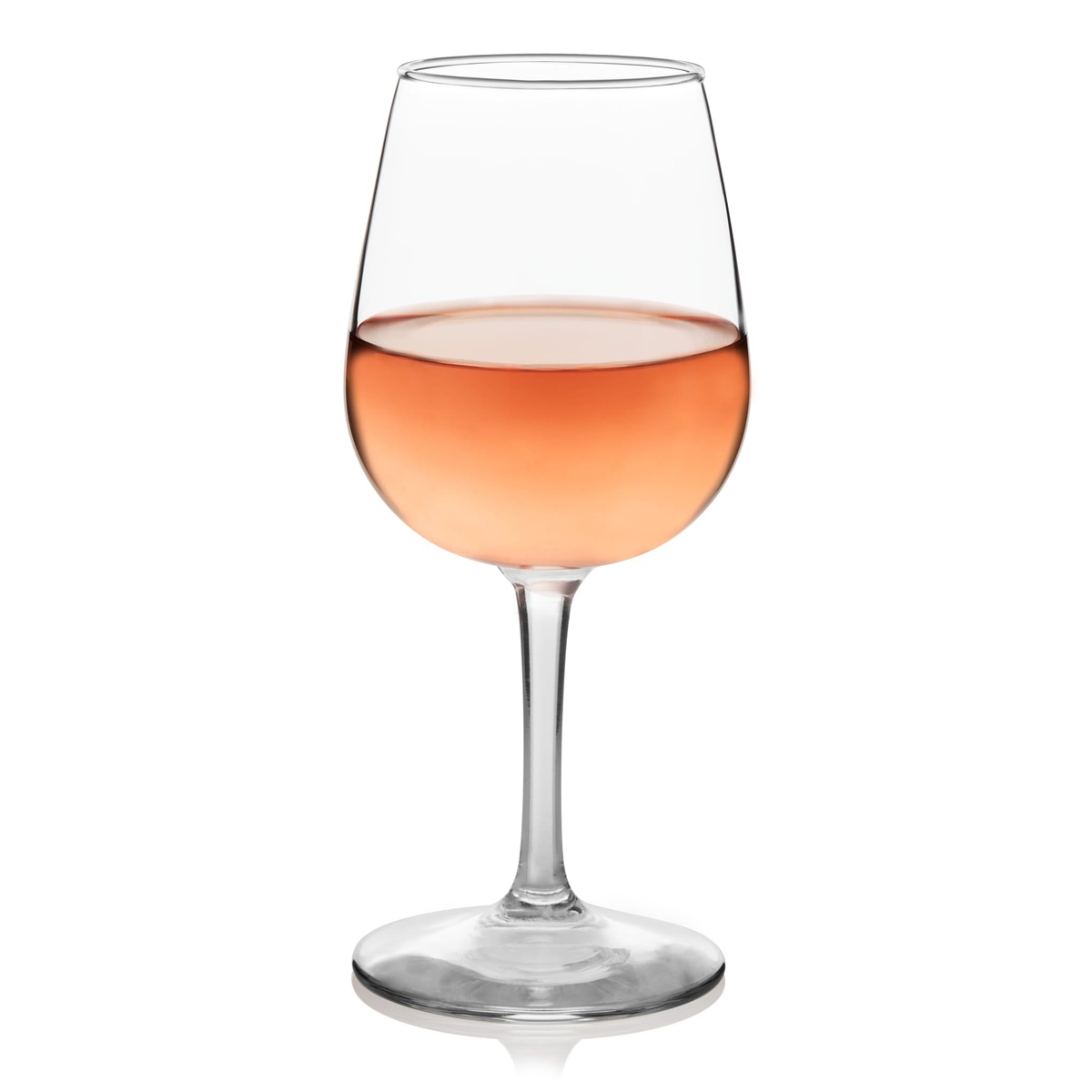 Libbey Vina 8552 wine taster glass filled with rosé wine on white background