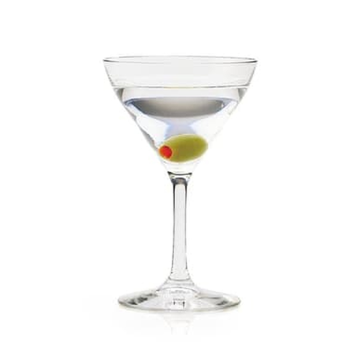 Libbey 8555SR Bristol Valley martini glass filled with a clear cocktail and olive garnish