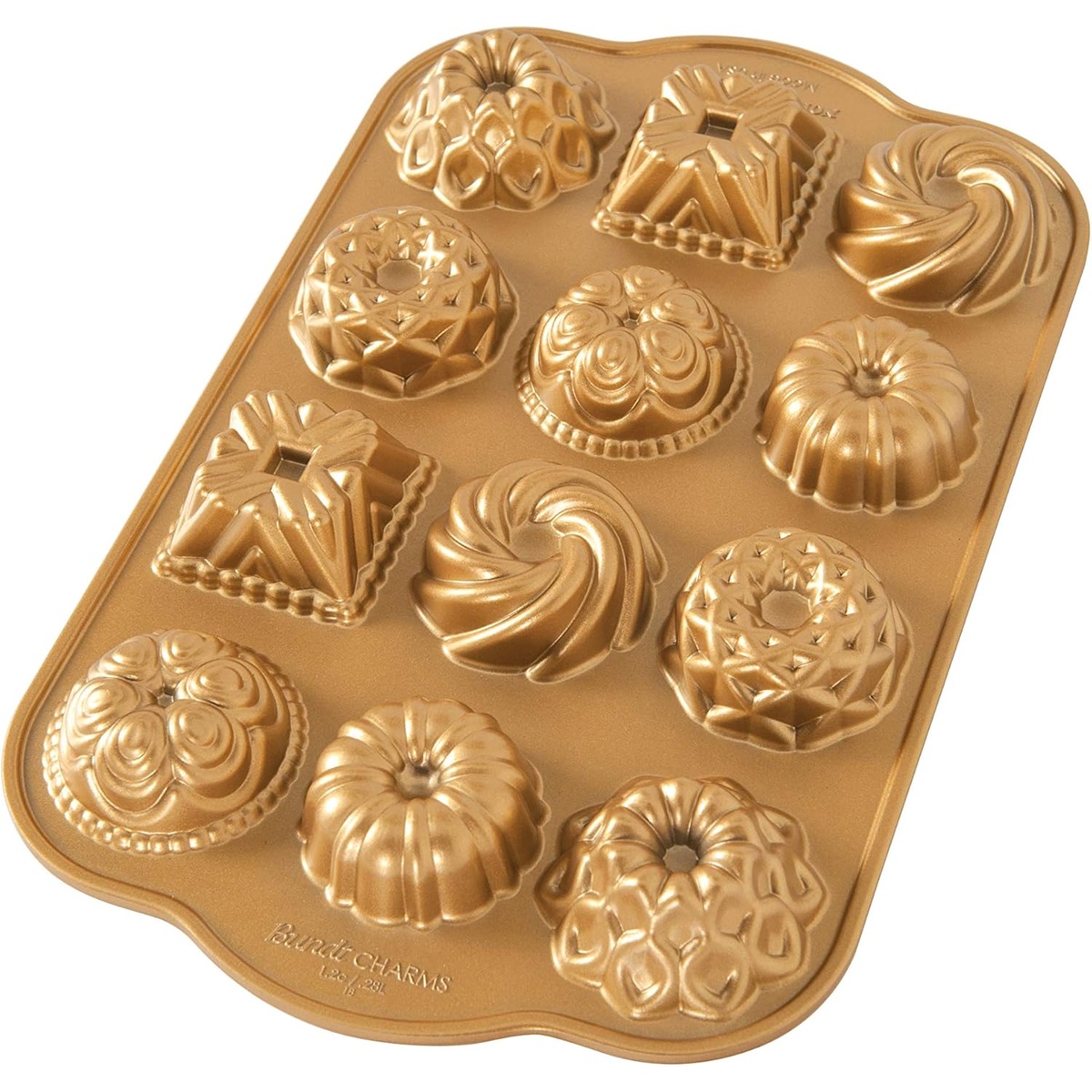 Nordic Ware Bundt Charms gold cast aluminum pan showing 12 distinct Bundt-shaped cavities
