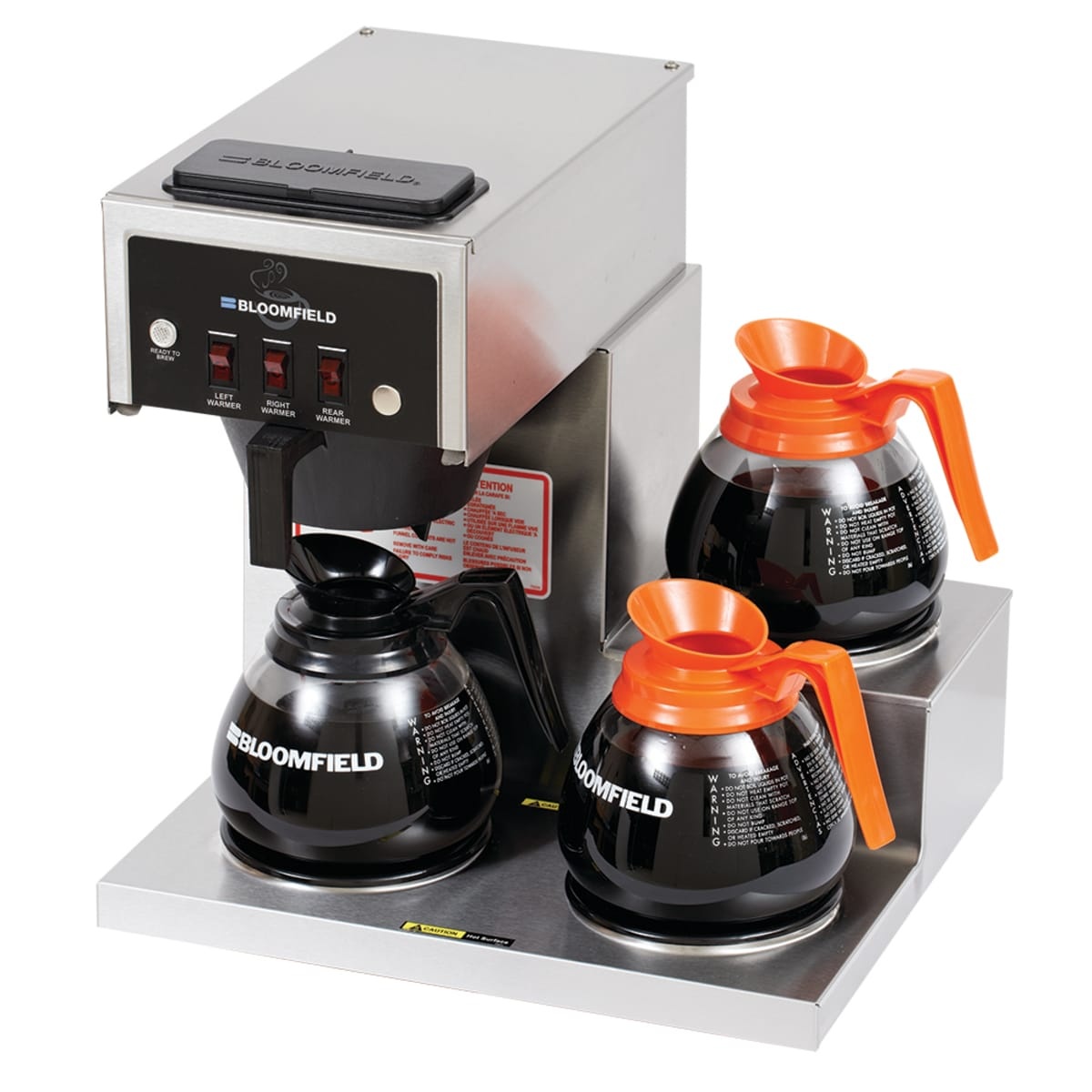 Bloomfield 8571-D3 Koffee King pour-over coffee brewer with three decanters on stepped warmer platform