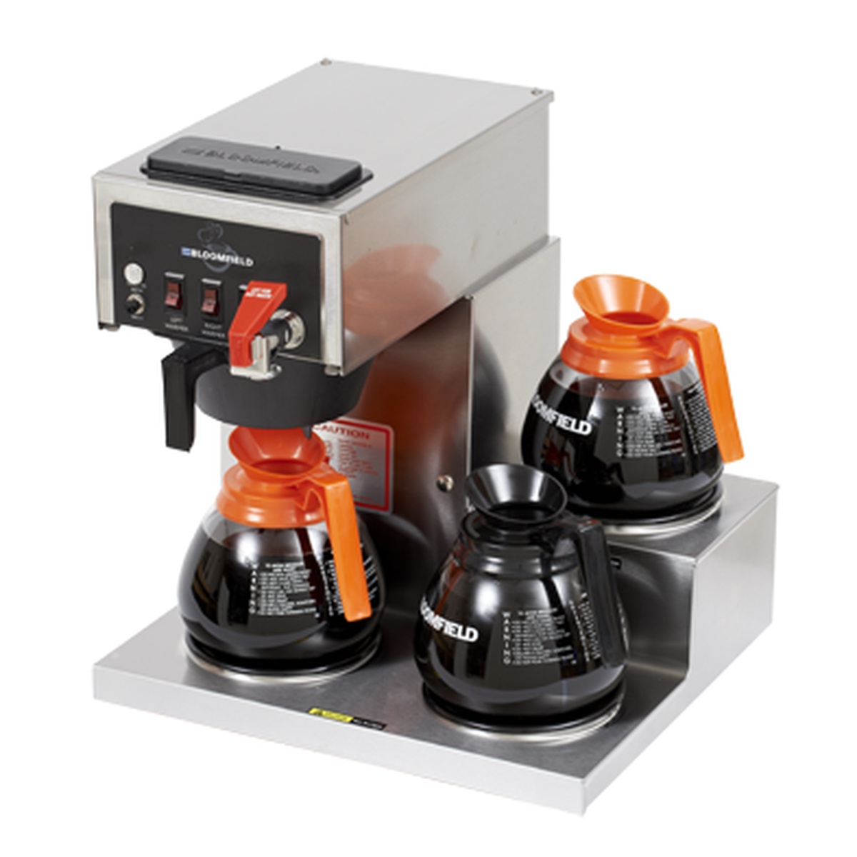 Bloomfield 8572D3F Koffee King automatic decanter coffee brewer with three Bloomfield glass decanters on right-stepped stainless steel warming stations