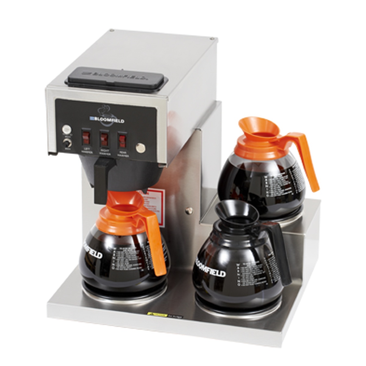 Bloomfield 8573D3 Koffee King automatic coffee brewer with three orange-handled decanters on stepped warming stations