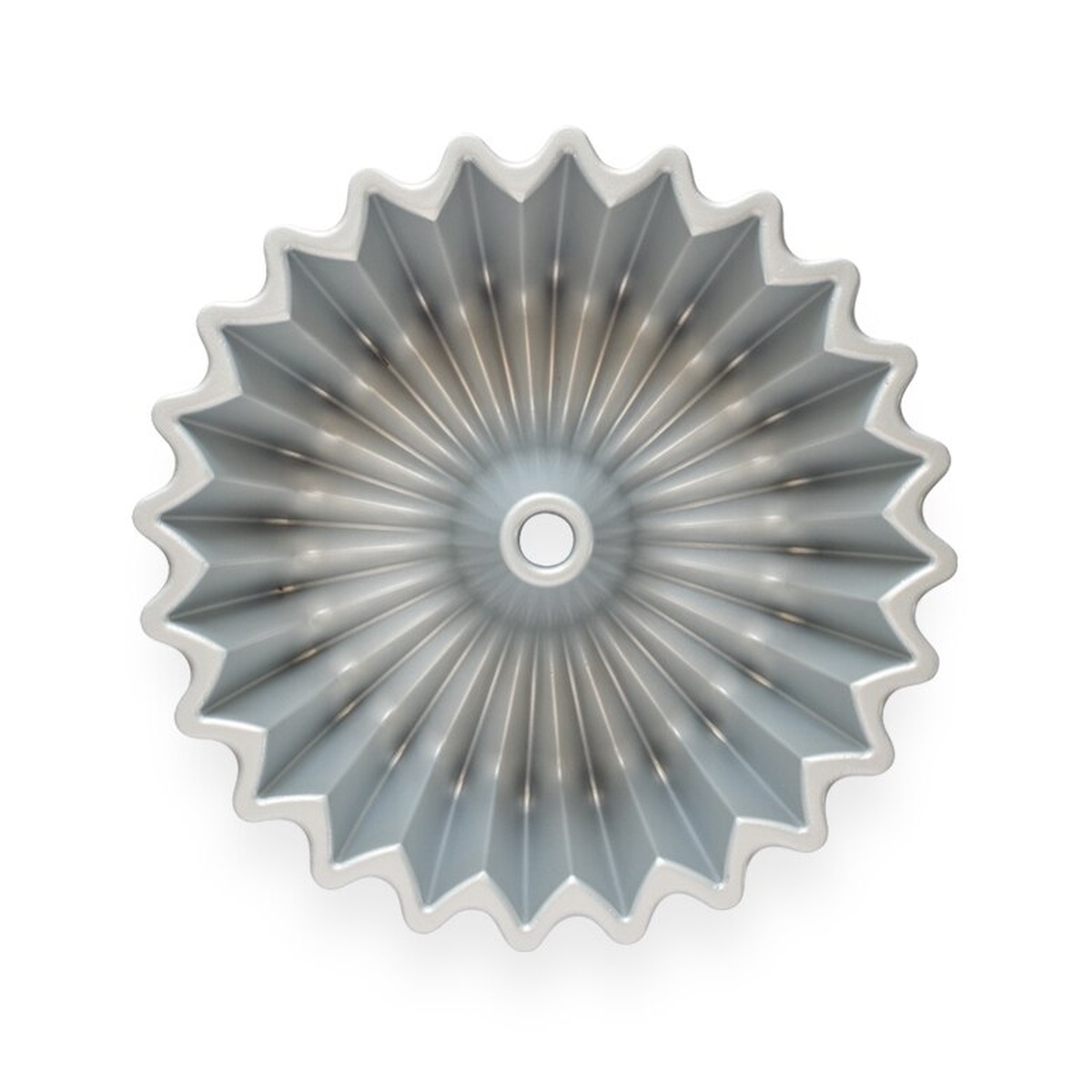 Nordic Ware Brilliance Bundt Pan in silver finish, overhead view showing full starburst pattern with scalloped outer edge
