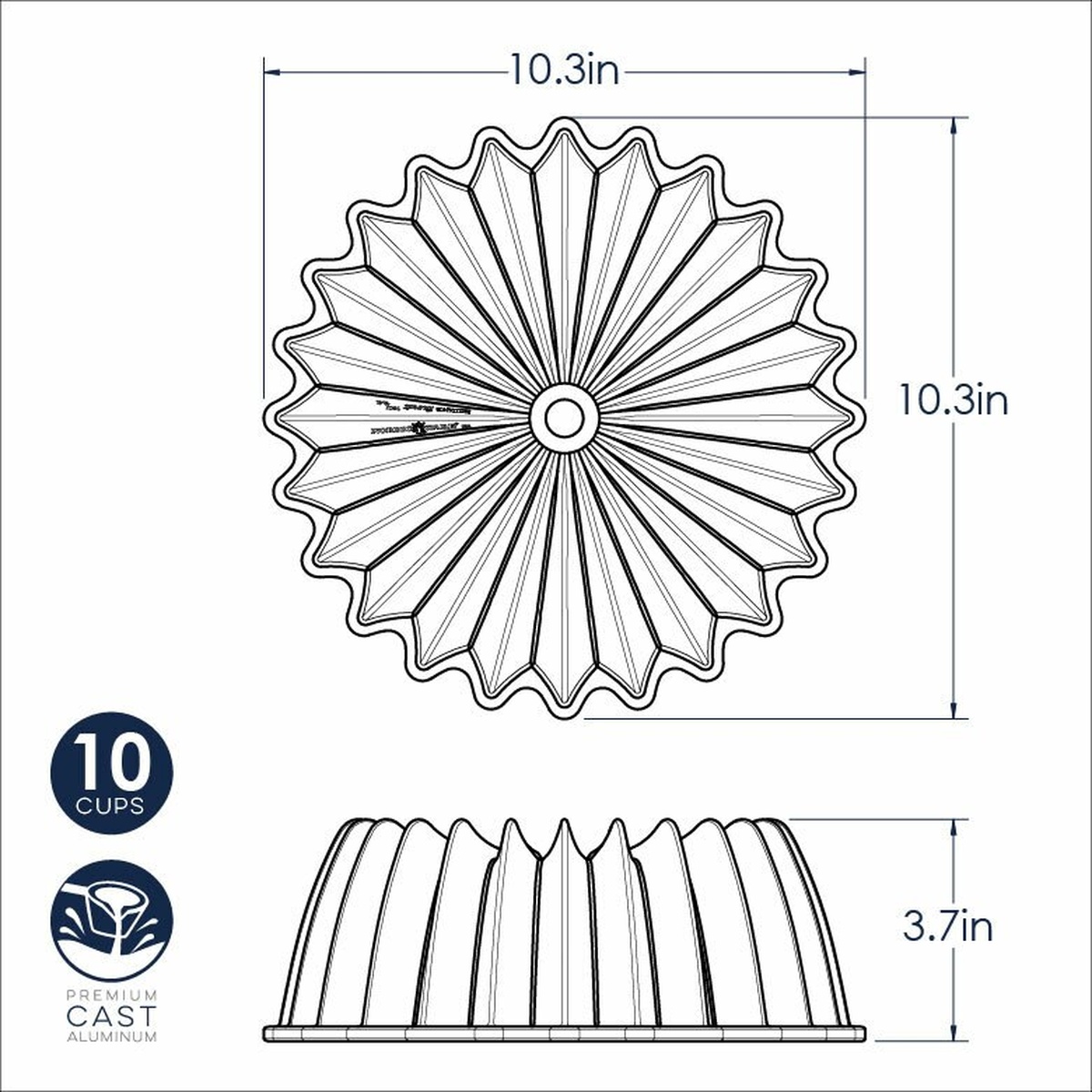 Technical diagram of Nordic Ware Brilliance Bundt Pan showing 10.3in width, 10.3in depth, and 3.7in height with 10-cup capacity callout