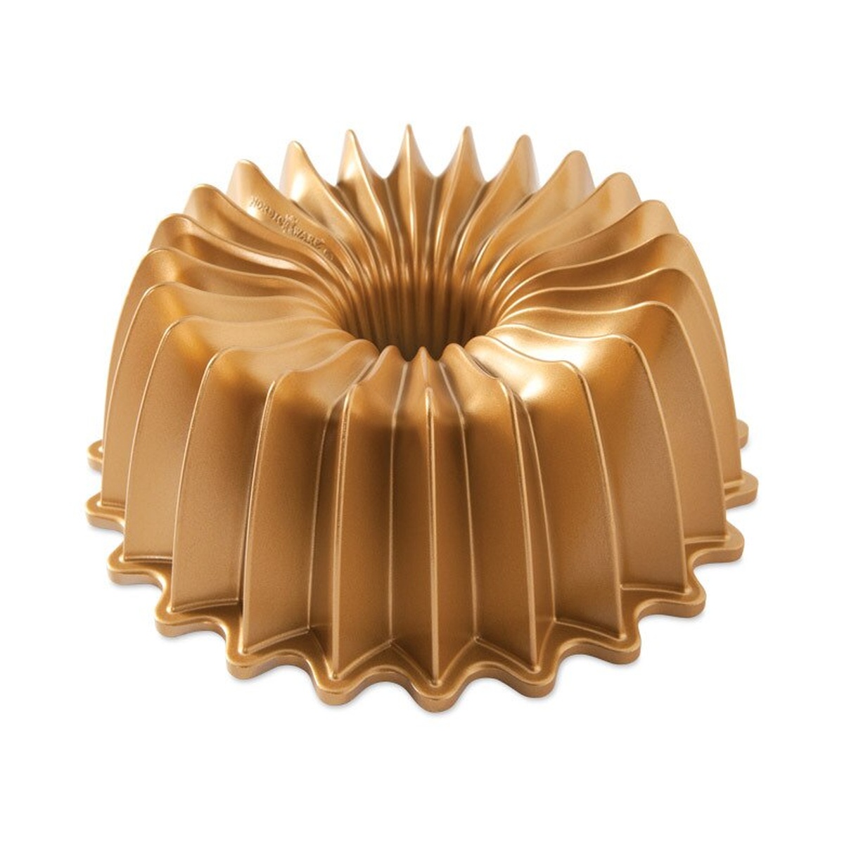 Nordic Ware 85777 Brilliance Bundt Pan in gold finish, angled view showing radiating fluted design