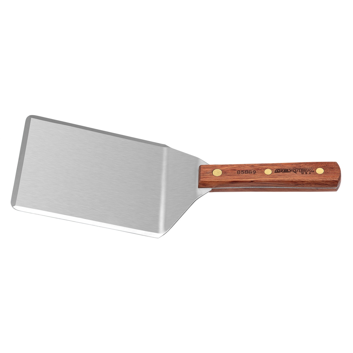 Dexter Russell 85869PCP hamburger turner with stainless steel blade and rosewood handle, shown at an angle