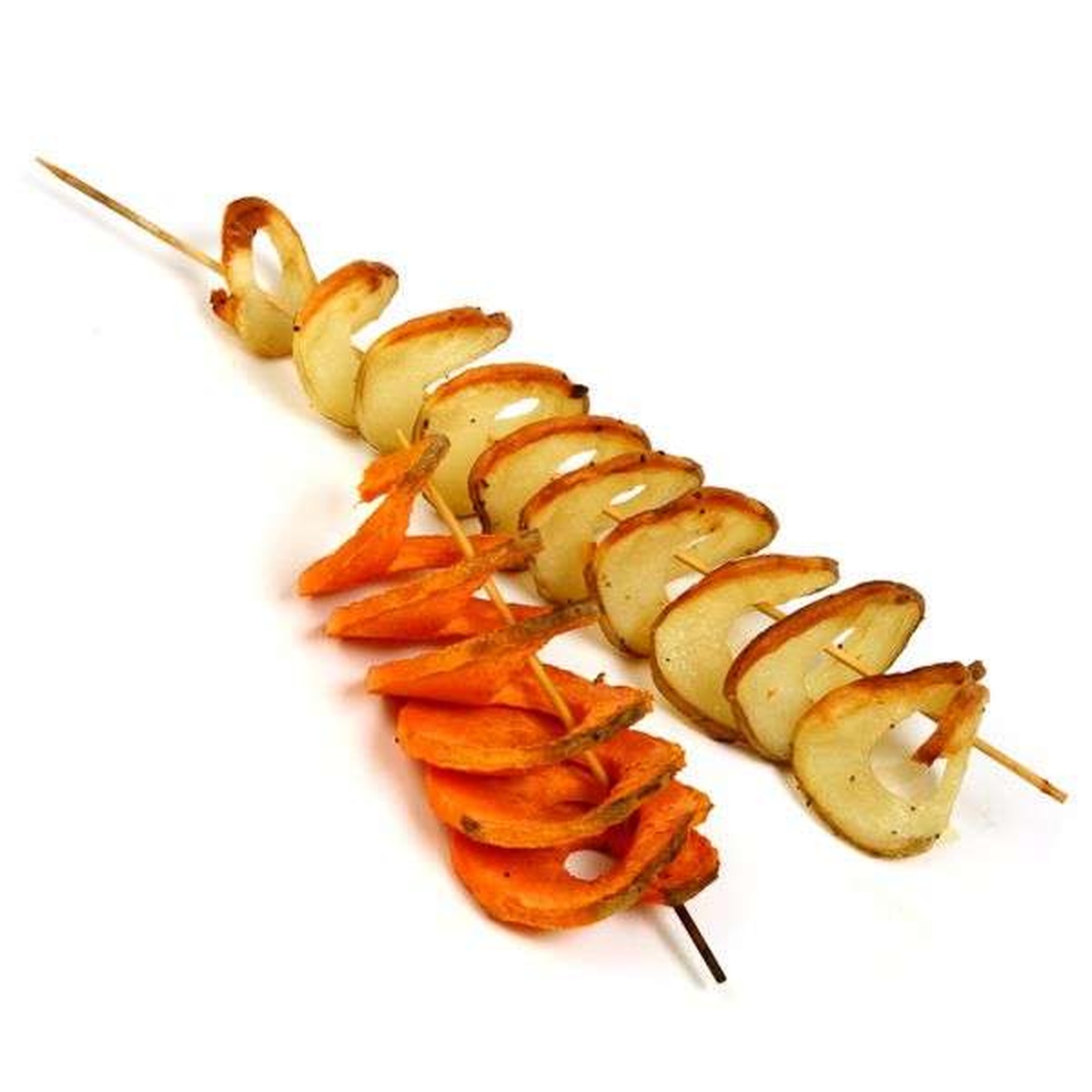 Spiralized potato and sweet potato chips on a wooden skewer