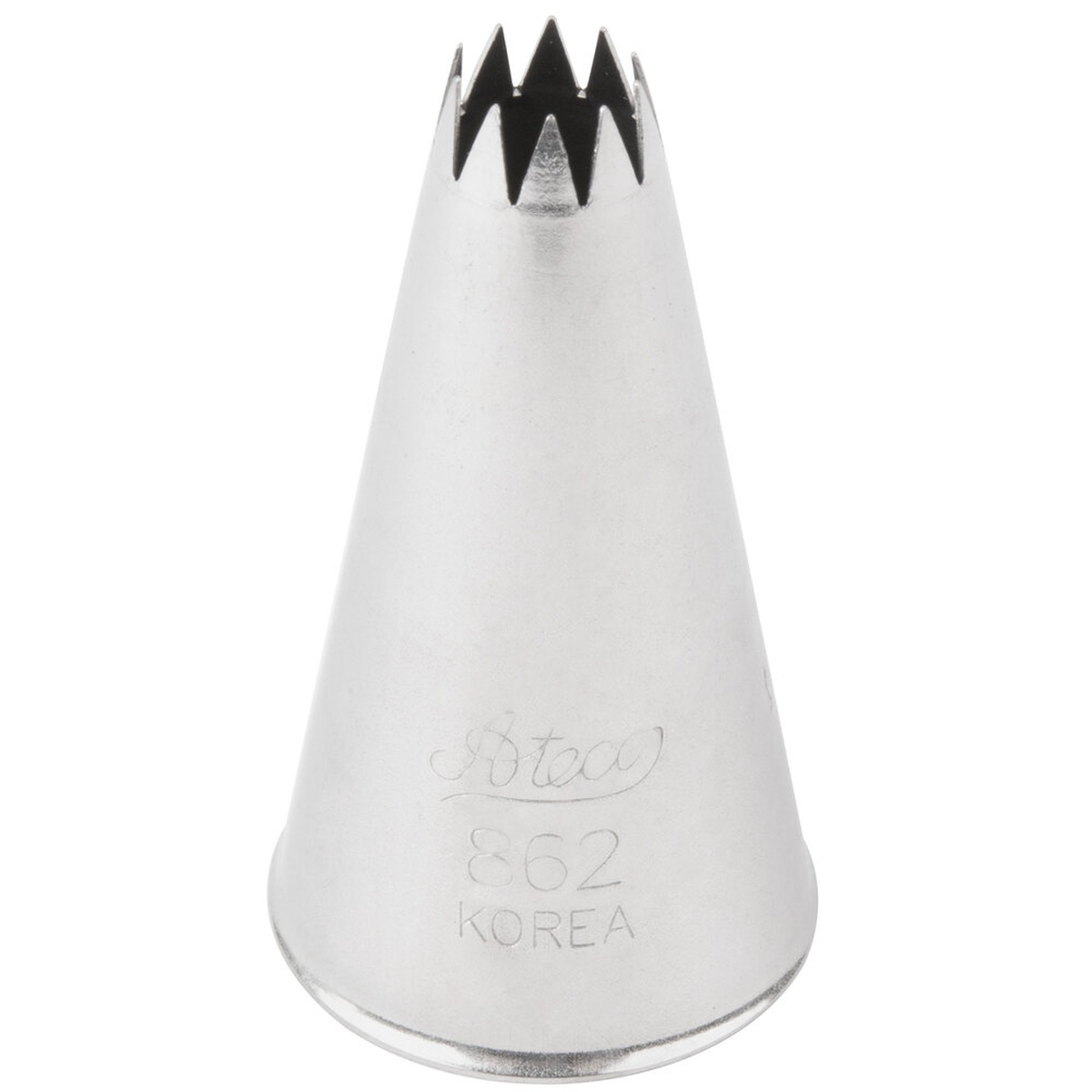 Ateco 862 French Star piping tip showing deeply-grooved star opening, stainless steel, engraved with Ateco 862 Korea