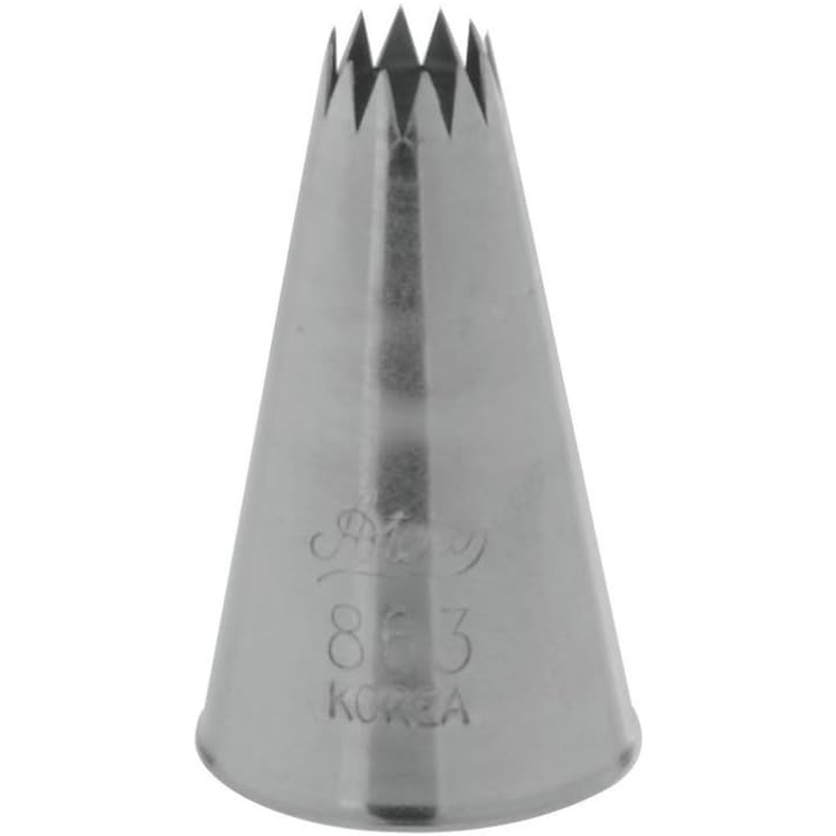 Ateco 863 french star pastry tip side view showing conical stainless steel body and serrated star opening